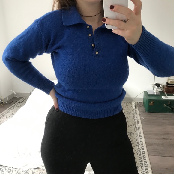 Retro Blue 100% Wool Collar Sweater - Picture 6 of 6